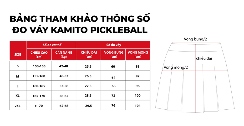 BẢNG SIZE Chân Váy Pickleball Kamito 01