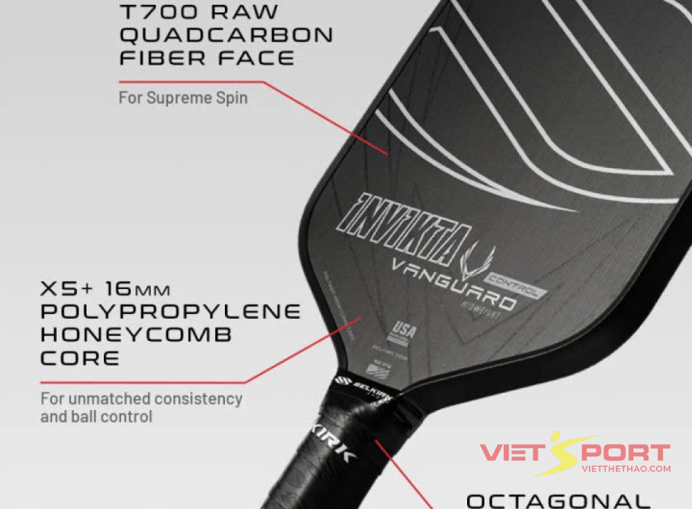Vợt pickleball Vanguard Control Invikta Midweight Raw Carbon